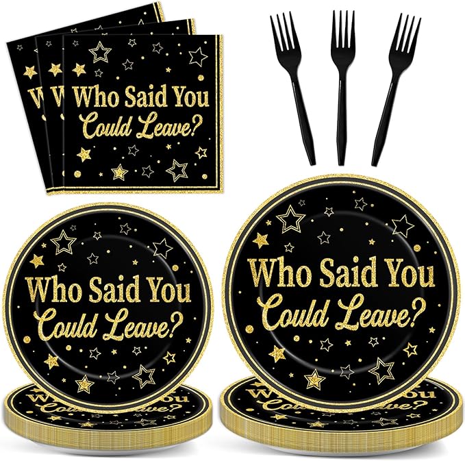 96Pcs Who Said You Could Leave Paper Plates and Napkins for Farewell Party Decor Retirement Disposable Plate Black and Gold Leaving Tableware Set for Goodbye Going Away Birthday Gatherings Decorations