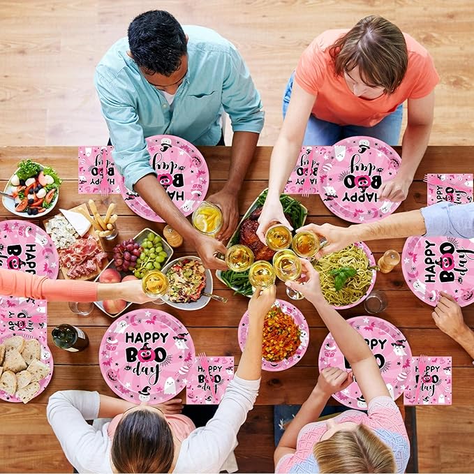 96Pcs Pink Halloween Birthday Party Decorations, Halloween Happy Boo Day Party Plates and Napkins Set Supplies Halloween Little Boo Ghost Baby Shower Tableware Decor for Girl, Serves 24