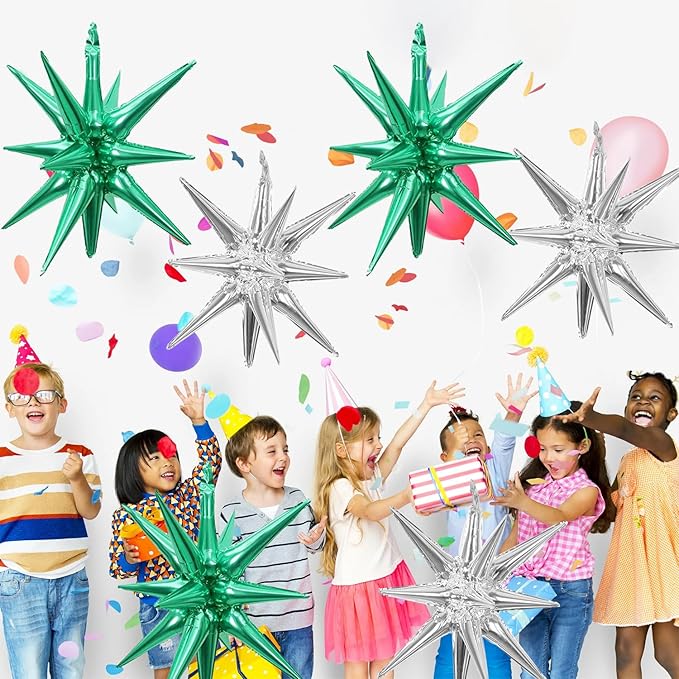 6 Pcs Silver Star Foil Balloons One-Piece 14-Pointed Star Balloon 4D Starburst Cone Mylar Balloon 22inch Christmas Birthday Wedding Wedding Anniversary Party Supplies (Silver + Green)