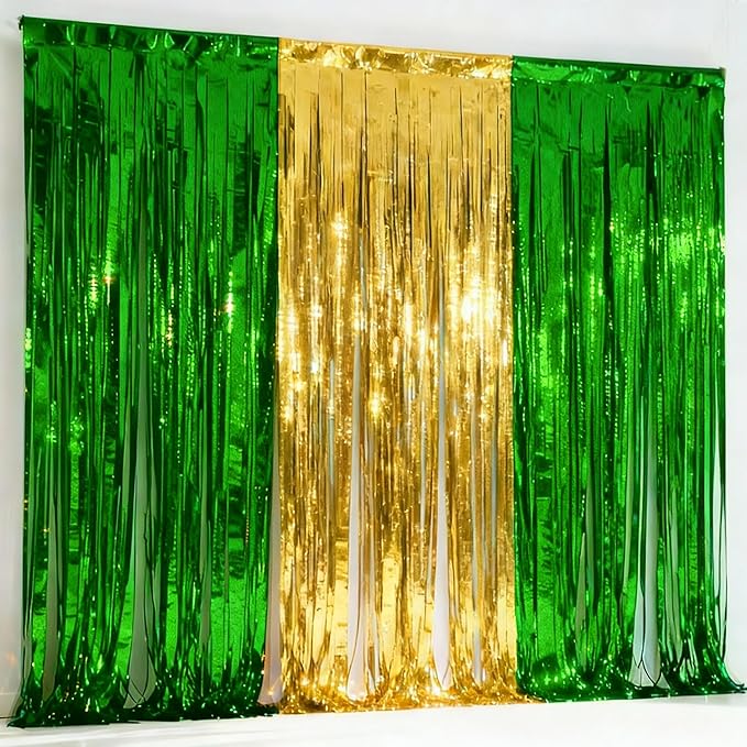 3 Packs Green Gold Foil Fringe Curtains Green Birthday Decorations Streamer 9.9ft for Wedding Party Backdrop Bridal Shower Tinsel,Birthday Party Door Cover Each 3.3 x 6.5 ft