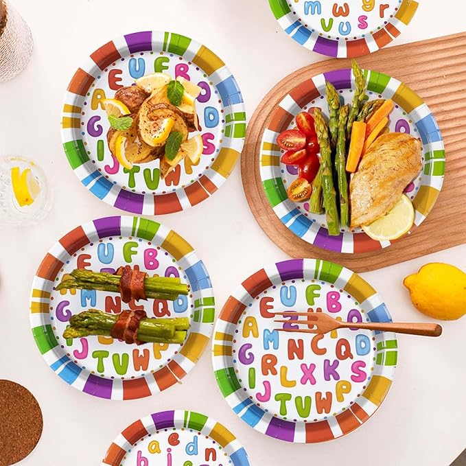 Grencian 96Pcs Alphabet Number Party Supplies Colorful Alphabet Number Plates and Napkins Disposable Paper Tableware Set for Kids Boys Girls Numbers Games Baby Shower Party Supplies, Serves 24