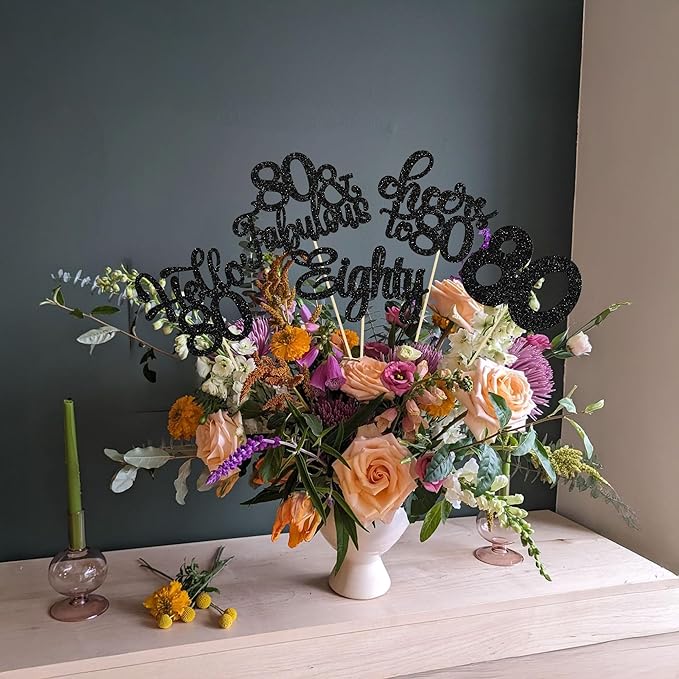Gyufise 15Pcs 80th Birthday Centerpiece Sticks Eighty Happy 80th Table Flower Centerpieces Sticks Cheers to 80 Floral Decorations for 80th Birthday Party Centerpieces Supplies Black