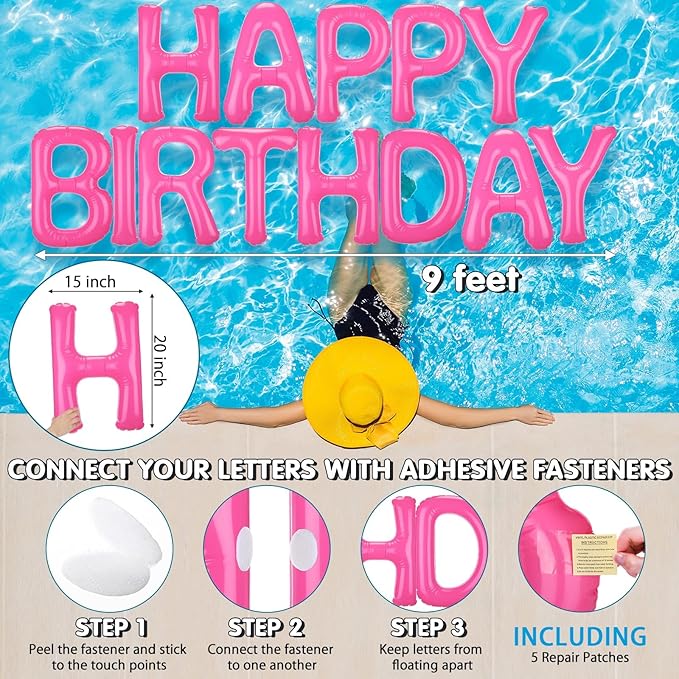 Shappy 20'' Happy Birthday Pool Large Floating Letter Balloons with Adhesive Dots Inflatable Pool Decorations for Summer Birthday Party