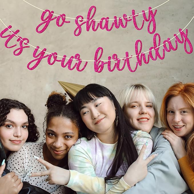 Go Shawty It's Your Birthday Banner, Hip Hop Birthday Party Decorations Supplies, Rap Theme Bday Bunting Sign, Pre-strung, Photo Props (Pink)