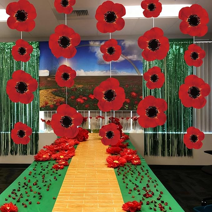 Preboun 20 Pcs Wizard Party Hanging Red Poppy Flowers Decorations, Artificial Poppy Flowers Banner Ceiling Decor for Classroom Wizard Birthday Shower Party Favor Supplies(Red,Flower)