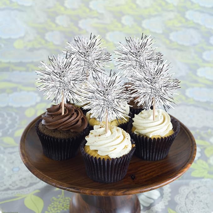 40 PCS Foil Firework Cupcake Toppers Fireworks Cupcake Picks Sparkle Tinsel Cake Decorations Cocktail Fruit Toothpick for Firework Theme Birthday Wedding Graduation Party Decorations Supplies Silver