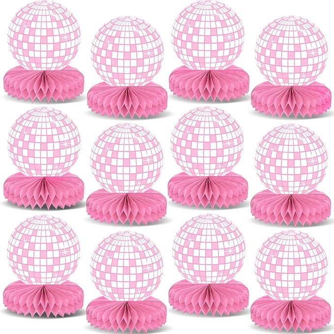 12PCS Disco Ball Party Decorations 70s Disco Table Honeycomb Centerpieces Western Cowgirl Party Table Toppers Hot Pink Disco Party Table Centerpieces for Girls Birthday Party Supplies