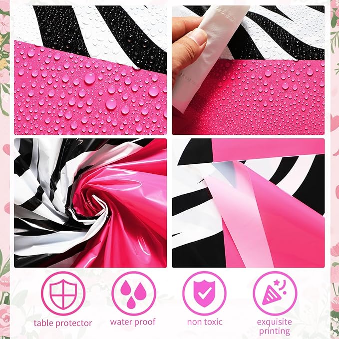 Buryeah 3 Pcs Zebra Tablecloth Zebra Print Plastic Table Cloth Disposable Tablecloth Animal Safari Table Cover 54 x 108'' for Baby Shower Wedding Birthday Party Decorations Supplies (Hot Pink B)