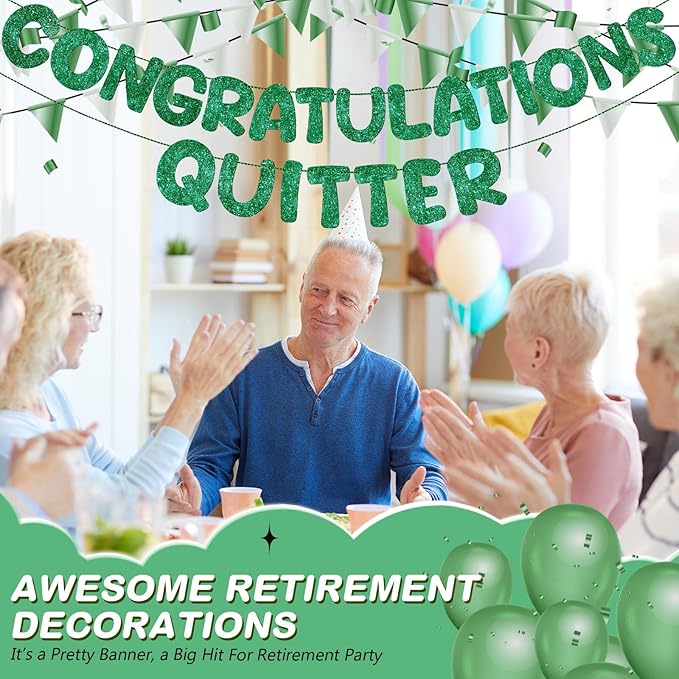 Fulmoon Pre Strung Congratulations Quitter Glitter Banner Funny Retirement Banner Graduation Party Decorations Going Away Supplies Garland for Men Women Gifts, No DIY(Green)