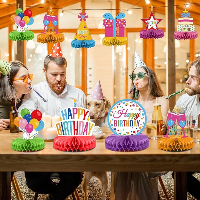 Pajean 8 Pieces Colorful Birthday Party Honeycomb Centerpieces Colorful Table Centerpieces Decorations Table Centerpiece Sign for Kids Adults Party Supplies