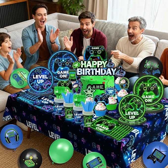 Video Game Birthday Decorations – Neon Game Tableware: Plates, Napkins, Cups, Cutlery, Cake & Cupcake Toppers, Banner, Hanging Swirls, Tablecloths, Balloons for Boy Gamer Birthday Party, Serves 24