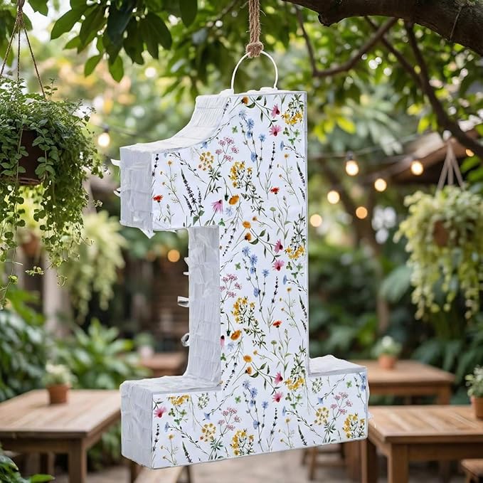 Wildflower Number Pinata Birthday Decorations Spring Floral Pinata with Stick Blindfold Confetti for Birthday Party Supplies Baby Shower Decor (Number 1)