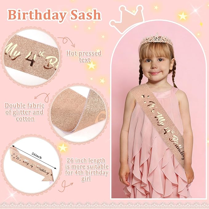 Semato 4th Birthday Decorations for Girl Sash and Crown Kit Rose Gold 4 Year Old Girl Birthday Gifts for Her Party Supplies