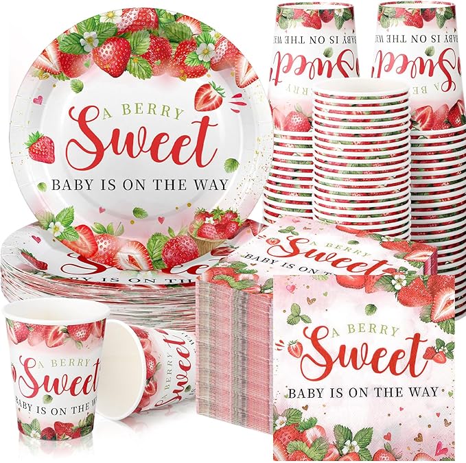 Hushee 200 Pcs Strawberry Baby Shower Paper Plates Napkins Cups Baby Shower Party Supplies Tableware Set a Berry Sweet Baby Is on the Way Disposable Plates for 50 Guest Girls Spring Summer Party