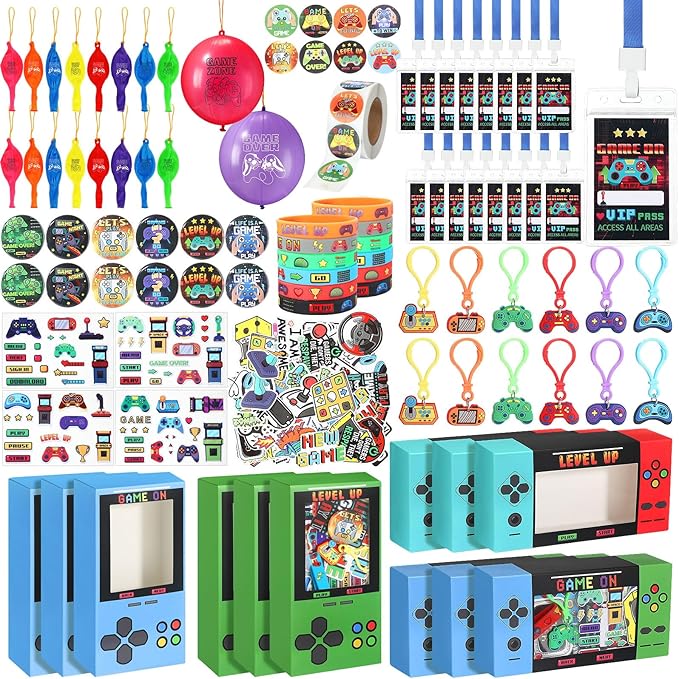147 Pcs Video Game Party Favors for Kids Gamer Goodie Bag Stuffers Gaming Birthday Party Supplies with Gift Boxes, VIP Pass, Balloons, Bracelets, Keychains, Badges, 3D Stickers (Blue)