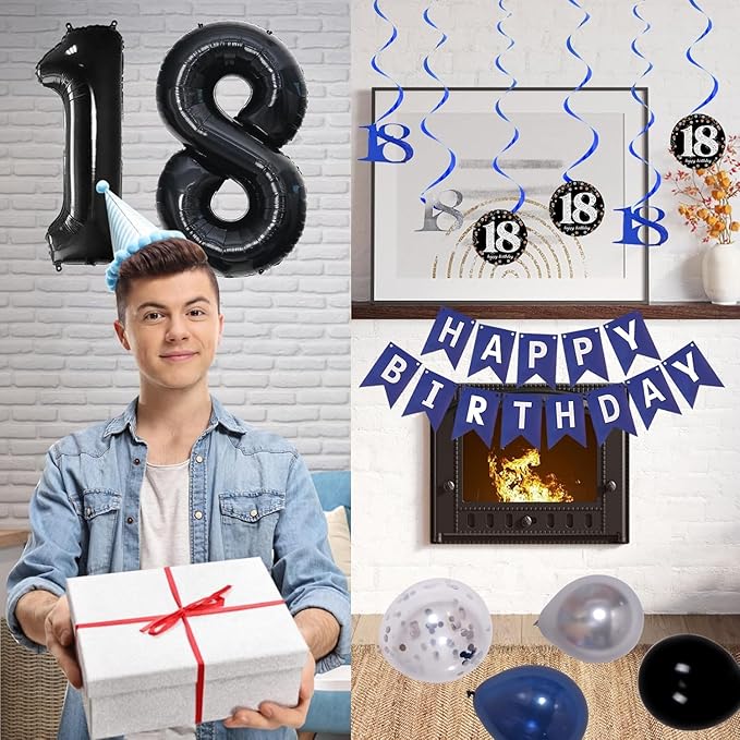 18th Birthday Decorations for Boys Men Girls Dark Blue, HAPPY BIRTHDAY Banner Black Number 18 Balloons Tablecloth Foil Backdrop Star Balloons Garland Arch Kit-18 Years Old Birthday Party Supplies