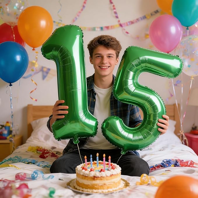 15 Balloons Number, 40 Inch 15th Birthday Decorations for 1 5 15 51, Dark Green Big Foil Number Balloons for Wedding Store Anniversary Party Supplies