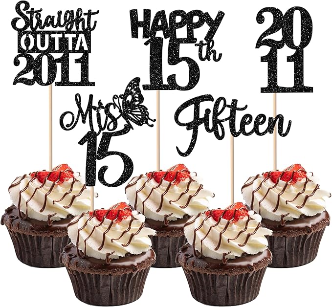 30PCS Black 15th Birthday Cupcake Toppers Glitter Fifteen Happy 15 Straight Outta 2011 Cupcake Picks for Cheers to 15 Years 15th Birthday Wedding Anniversary Party Decorations Supplies