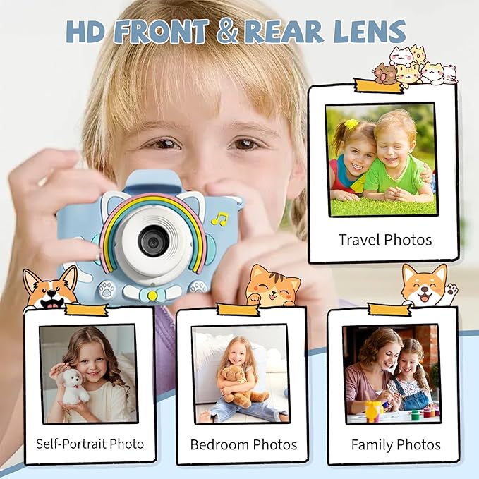Kids Camera with Dual Lens Selfie, 48MP 1080P HD Digital Camera for 3-12 Year Old Girls Boys, Portable Travel Toy with 32GB Card, Shockproof Design & Cute Animal Patterns Christmas Birthday Gifts