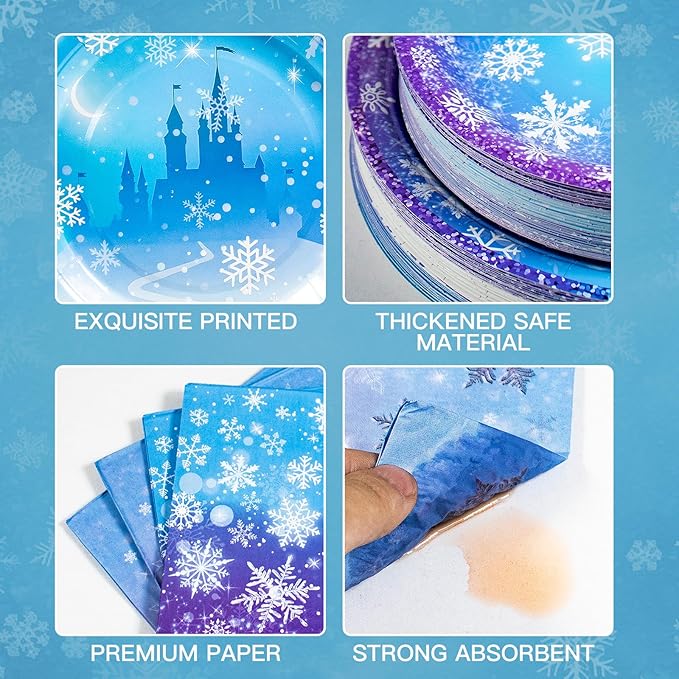 180PCS Frozen Birthday Party Supplies Serve 60,Snowflake Winter Wonderland Paper Plates and Napkins Kit for Christmas Winter Holiday New Year Birthday Party Supplies Decorations