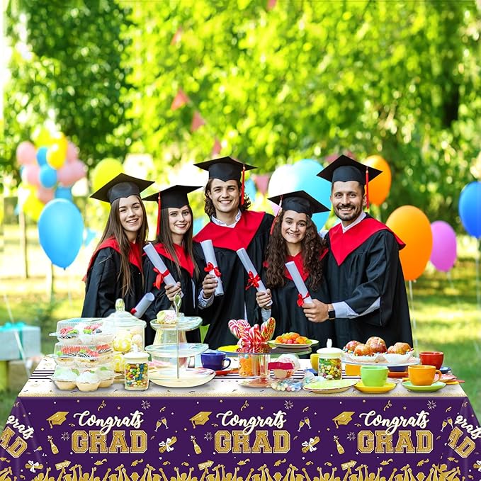 chiazllta Set of 3 Graduation Tablecloths Class of 2025 Congrats Grad Purple Graduation Party Tablecover Decorations Party Supplies Large Size Plastic 54"x108"(Purple & Gold)