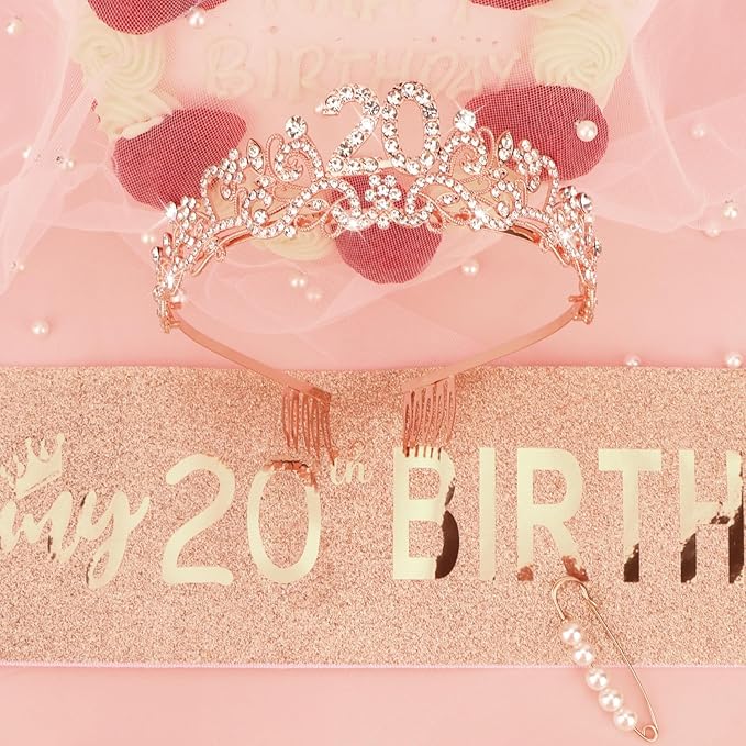 Semato 20th Birthday Decorations for Her Sash and Crown Tiara Kit Rose Gold 20th Birthday Gifts for Girls Party Supplies
