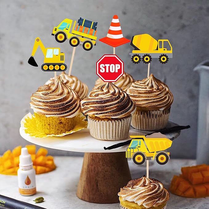 24 PCS Construction Cupcake Toppers Stop Sign Dump Truck Excavator Tractor Party Cake Food Picks Decorations for Construction Theme Baby Shower Kids Birthday Party Supplies