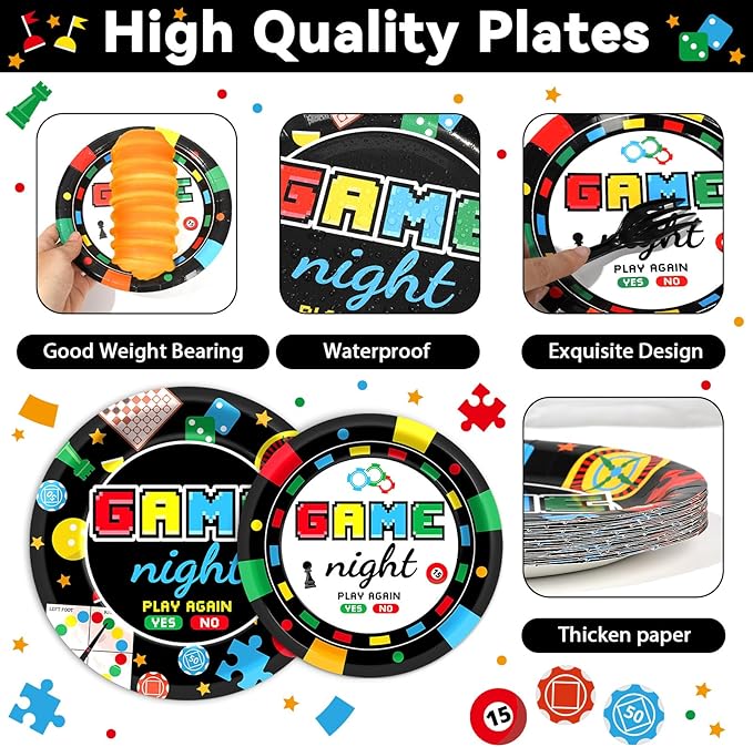 96Pcs Family Game Night Plates and Napkins Gaming Party Supplies Family Game Paper Plates Disposable Paper Plate Napkins Forks for Kids Adults Families Gamer Birthday Gaming Night Party Decorations