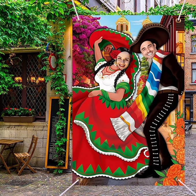 Tudomro Mexican Couple Photo Props Fiesta Party Background 6 x 4 ft Fabric Large Photo Door Banner Mexican Style Funny Games Supplies for Birthday Party Cinco De Mayo Festival Supplies