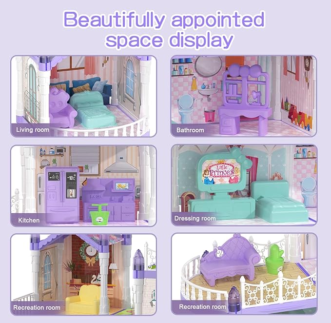 Princess Dollhouse Set, Lilac Purple Doll House with 9 Rooms on 3 Floors Includes 2 Dolls 2 Pets 12 Pieces of Furniture and Other Accessories, Prefect Gift for Girls Dreamy Dollhouse