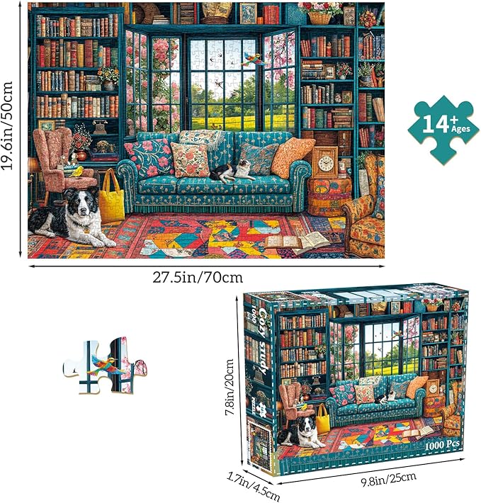Jigsaw Puzzles for Adults 1000 Pieces, Interlock Perfectly Letter on Back No Dust, Home Decor Birthday Party Gift Toy for Men Women Elders Seniors, 1:1 Poster-Cozy Study