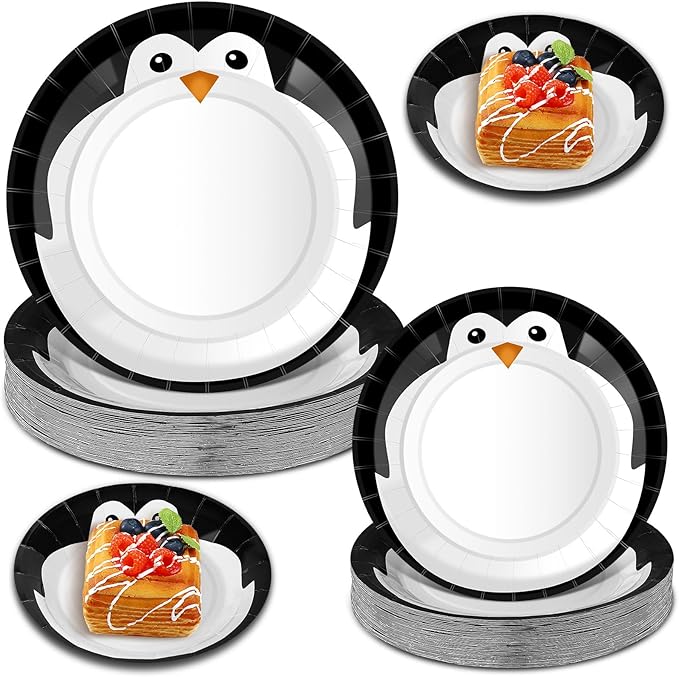 100 Pack Penguin Winter Paper Plates 9 Inch 7 Inch Round Disposable Dinner Dessert Plates Penguin Pattern Tableware Paper for Winter Party Supplies Holiday Dinner Birthday