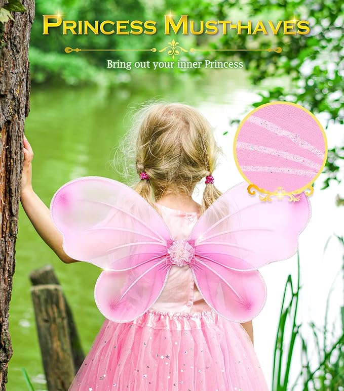 Princess Dresses with Fairy Wings, Dress Up Clothes Pretend Play Costumes Trunk with 3 Sets of Princess Dress Up Shoes, Glitter Girls Tutu Skirts and Butterfly Wings, Toys for 3-6 yr Girls