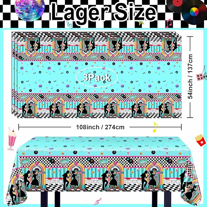 Avezano 3 pcs 50s Tablecloth 1950s Party Decorations Rock Roll Table Cover Large Plastic Tablecloth Birthday Rocking Party Supplies for Music Anniversary Party, 108x54 Inch