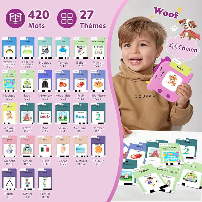 French and English Talking Flash Cards for Toddlers 1 2 3 4 5 6 Year Olds, 420 Sight Words, Montessori Learning Toys, Pocket Speech Therapy Toys, Sensory Preschool Educational Birthday