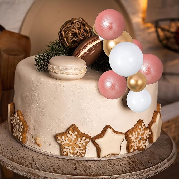 Gyufise 30Pcs Balls Cake Topper Mini Balloons Cake Toppers Foam Ball Cake Decorations Balloon Cake Topper Ball Shaped Cake Insert Topper for Birthday Party Baby Shower Decor Rose Gold White Gold