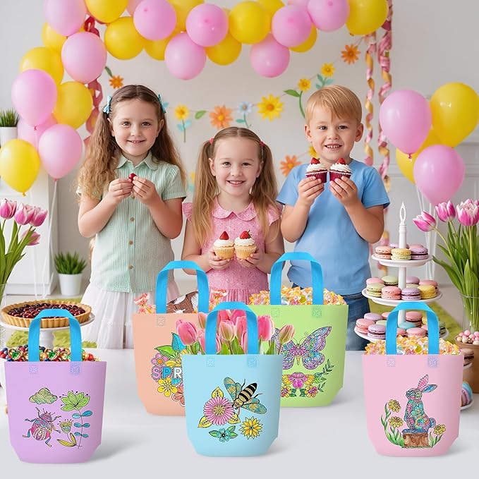 Spring Coloring Goodie Bags for Kids - 24Pcs Mandala Theme Bulk Color Your Own Gift Bags with Handle Butterfly Bunny Reusable Non Woven Coloring Tote Packet for DIY Painting Spring Easter Holiday Gift