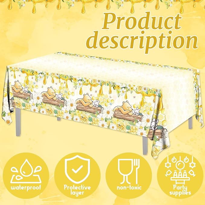 3PCS Winnie Bear Baby Shower Tablecloths, Kids Boys Girls Birthday Party Decorations Spring Classic Winnie Bear Neutral Table Cover Party Supplies -54x108IN