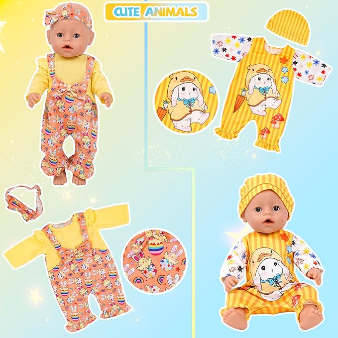6 Sets 14-16 Inch Baby Doll Clothes, New Born Doll Outfits with Rompers & Accessories for 16-inch Soft Body Dolls ( No Doll)