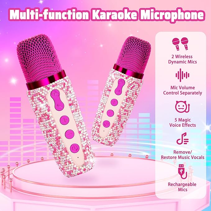 Karaoke Machine for Kids, Birthday Gifts for 3 4 5 6 7 8 9 10 11 Year Old Girl Boy, Portable Speaker with Colorful LED Lights and 2 Mics, Toys for Ages 3-12 (Pink-1)
