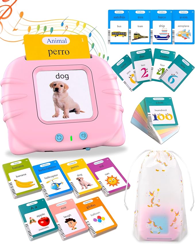 510 Words Spanish Flash Cards for Kids, Autism Toys for Toddlers, Speech Therapy Toys, Educational Learning Flash Cards for Boys and Girls Pink(Spanish/English/Bilingual)
