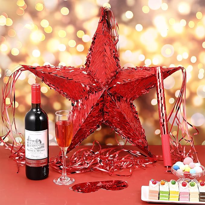Hanaive Foil Star Piñata with Blindfold and Bat for Birthday Foldable Star Shape Piñata with Stick Festive Fiesta Party Supplies Favors for Mexican Party(Red)