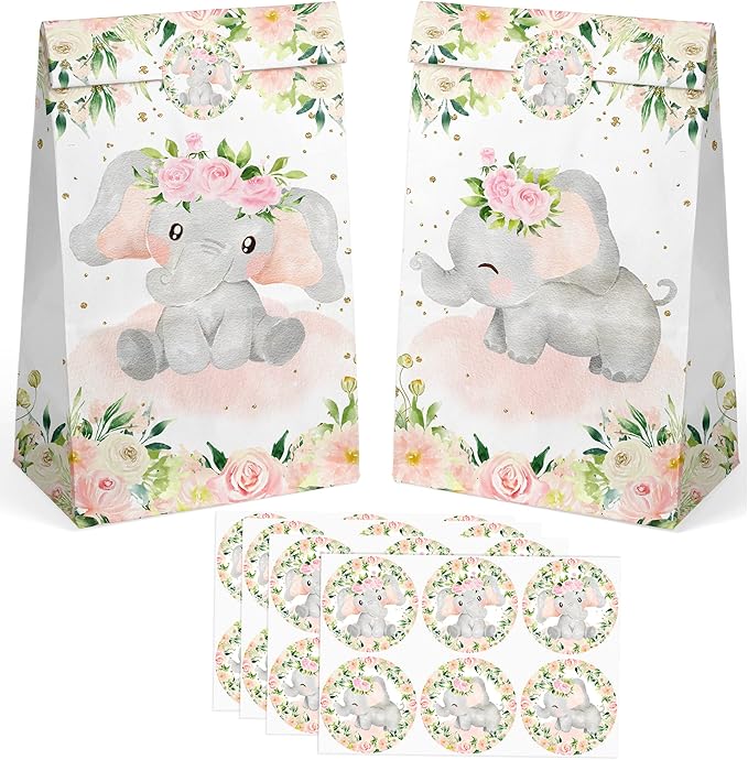 24 PCS Elephant Girl Party Favor Bags with Stickers - Elephant Girl Party Candy Bags – Pink Elephant Goodie Gift Treat Bags Pink Elephant Themed Birthday Party Supplies