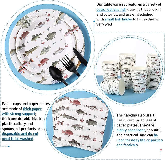 350 Pcs Fishing Party Supplies Tableware Set Disposable 9'' 7'' Paper Plates 9 oz Cups Cutlery Napkins Dinnerware Set for 1st Birthday, Serve 50 (Fishing Birthday, White, Red)