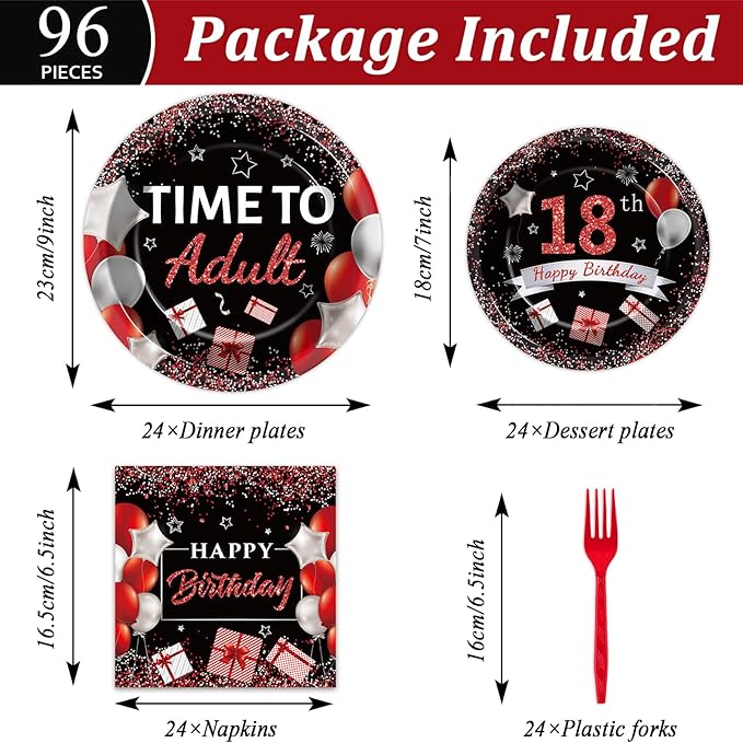 gisgfim 96 Pcs 18th Birthday Party Supplies Paper Plates Napkins Time To Adult Red Black 18 Years Old Birthday Party Dinner Dessert Tableware Set 18th Decorations Favors for Boys Girls Serves 24