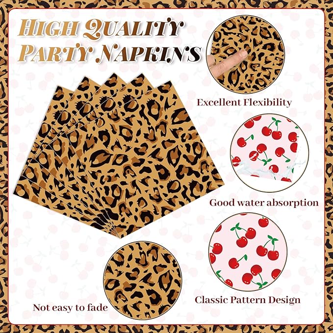 96Pcs Leopard Birthday Party Decorations Paper Red and Black Plates and Napkins Themed Cherry Cheetah Print Dinnerware Tablewares for Women Girls Bachelorette Party Supplies Serve 24 Guest