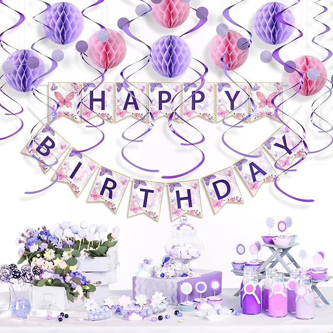 Butterfly Birthday Decorations Kit - 19-Piece Set with Pre-Strung Happy Birthday Banner, Honeycomb Balls, Garland & Swirls | Butterfly Theme Party Supplies for Women Girls Kids, Teens Adults