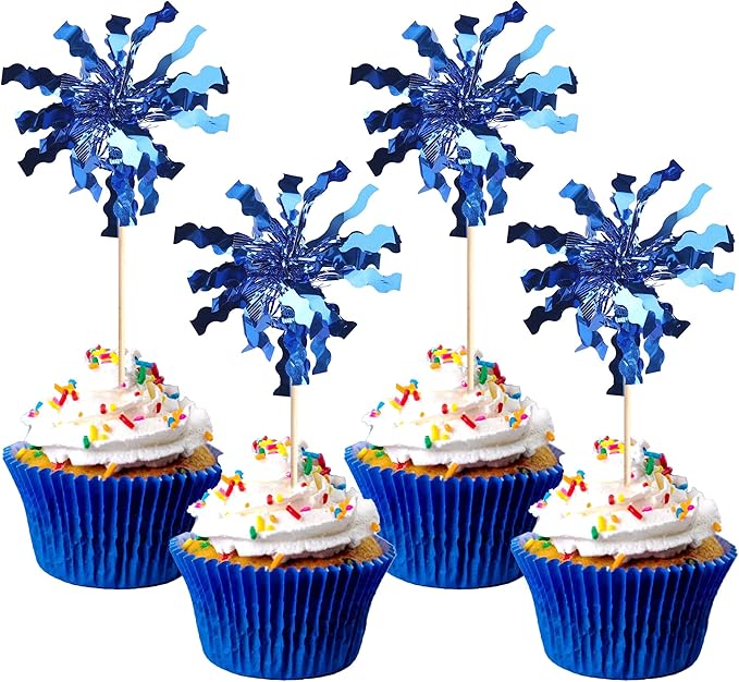 30 PCS Foil Firework Cupcake Toppers Sparkle Tinsel Cupcake Picks Happy Birthday Cake Toppers Drink Stirrers Cocktail Fruit Toothpicks for Baby Shower Birthday Party Decorations Supplies Dark Blue