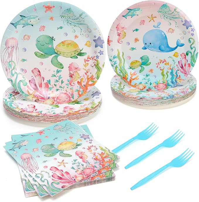 96Pcs Under the Sea Plates Party Supplies, Fish Paper Plates and Napkins and Forks Ocean Baby Shower Picnic Kids Birthday Party Decorations, Serves 24