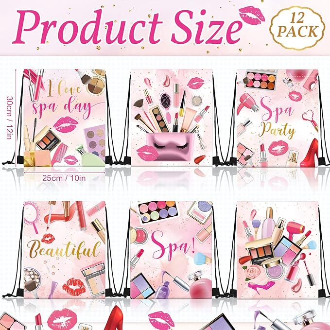 12 Pcs Spa Party Favor Bags Drawstring Backpack Gift Bags for Girls Women Makeup Birthday Party Decorations Salon Baby Shower Spa Decorations, 12 x 10 Inch